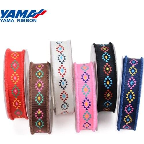 YAMA 1 inch 25mm 6 Colors Ethnic Tribal Style Printed Grosgrain Fringed Ribbon 50Yards/Rol for Crafts Decoration