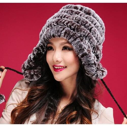 Real knitted Rex rabbit fur hat Beanie skullies cap ear muff earwarmer head warmer 2 cute Rex Rabbit fur ball 060123
