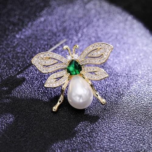 OKILY Cute Cubic Zircon Insect Brooch Pin for Womens Jewelry Pearl Bee Brooches Pins Coat Accessories Animal Broochpins