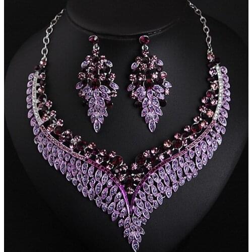 PEORCHID Luxury Sparking Purple Earrings Necklace Sets Gorgeous Women wedding Jewellery Sets Bridal Dress Accessories Fashion