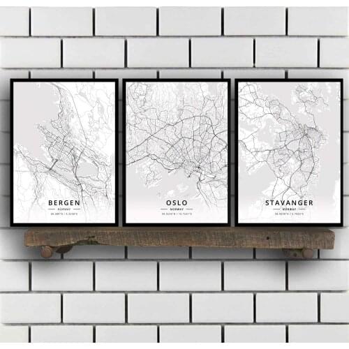 Bergen Oslo Stavanger Trondheim Norway Map Poster