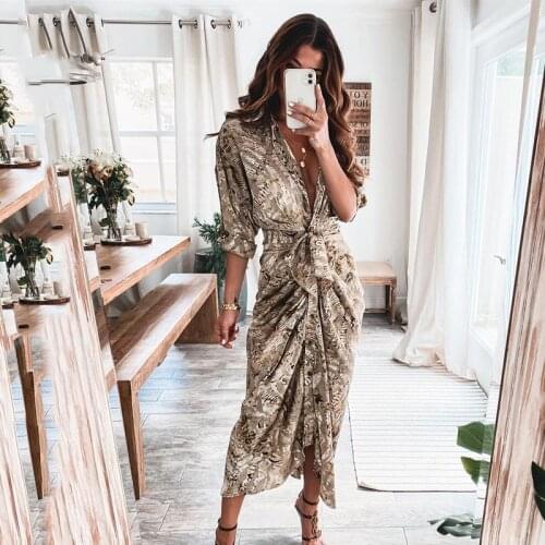 Ardm Elegant Depp V Floral Print Boho Dresses Women 2021 Long Sleeve High Waist Lace Up Wrapped Party Midi Dress Sexy Vestidos