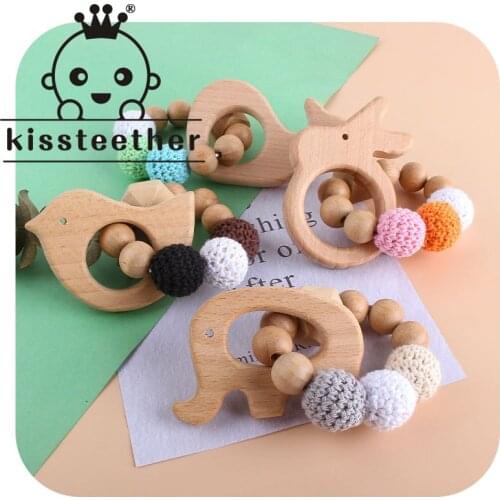 Kissteether 1set Baby Teether Beech Wooden Animal Crochet Beads DIY Customized Bracelet Pacifier Chain Baby Product Toys Gifts