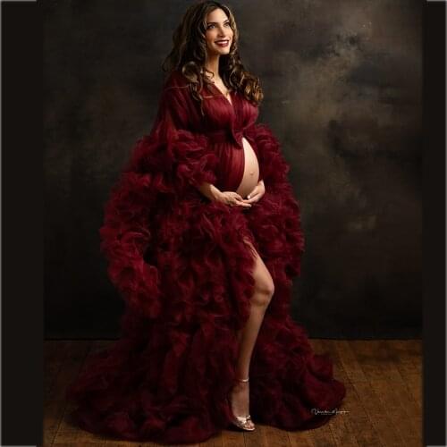 Luxury Burgundy Celebrity Dress Ruffles Plus Size Bridal Sleepwear Maternity Nightgowns Tiered Robes