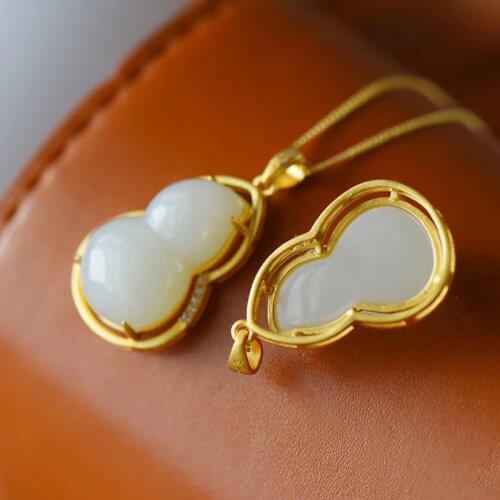 S925 Sterling Silver Inlaid Hetian Jade Calabash Pendent Natural White Jade Gourd Pendant Womens Clavicle Chain Pendant Necklac