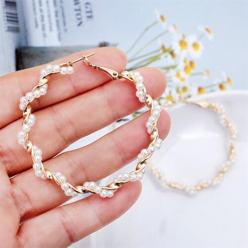 New Fashion Classic Metal Round Women Hoop Earrings Korean Personality Simple Circle Pearl Earrings For Female Jewerly
