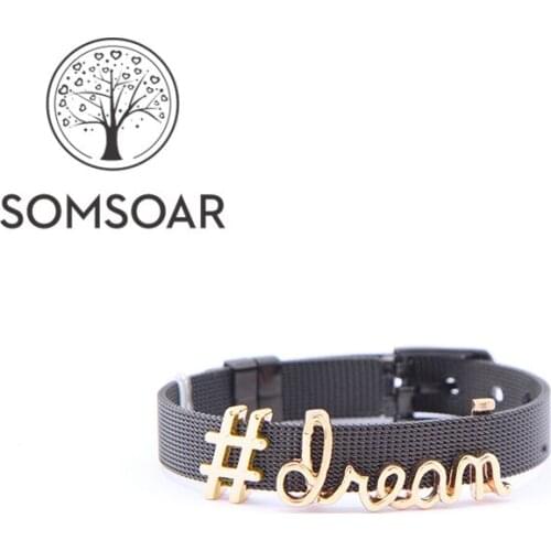 Somsoar Jewelry Stainless Steel Black Mesh dream Bracelet Set with Gold Color Charms OEM Bangle for Men Jewelry