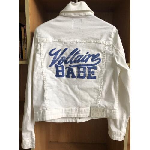 Woman 2021 White Denim Short Jacket Back Letters Embroidered Chest Pockets Buttons Zipper Front Long Sleeves Coat