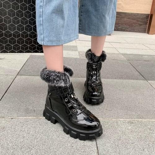 Salu 2020 high heel wedges boots Casual Round Toe Warm Fur All Match Women Shoes Autumn Winter Cloth Lace Up Fashion Ankle Boots