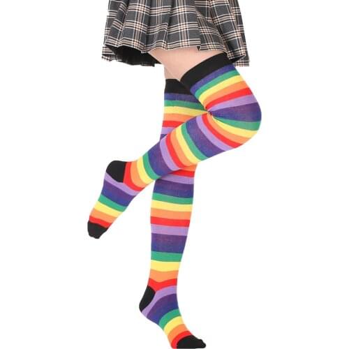Plus Size Colorful Anime Cosplay Striped Stocking For Women Girl Kwaii Knee High Cotton Stocking Student Long Stocking Black