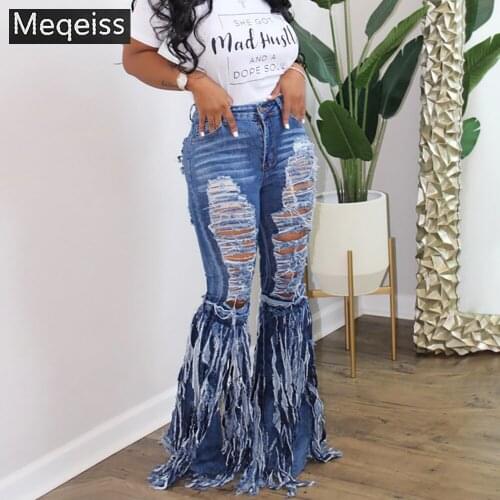 Meqeiss Women Hole Jeans Hollow Out Denim Pants Women Retro Solid Sexy Ripped Flare Trousers Street Skinny High Waist Pants