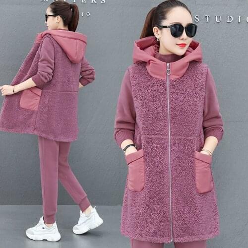 Women CA 3PCS Sport Suit Winter Thick Fleece Running Jogger Outfit Casual Sportswear Tracksuit Hoodie Set Sweatshirt+Coat+Pant