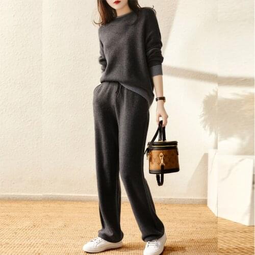MASTGOU Drawstring Knitted Wide Leg Women Straight Pants Suits Chic O Neck Women Pullover Sweater Tops 2/Two Piece Tracksuits