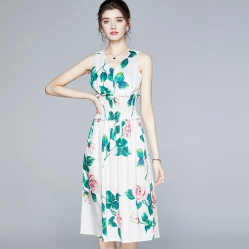 New Summer Women Sexy V-Neck Sleeveless Slim Vest Dress High Quality Sicilian Style Rose Flowers Print Runway Long Dress