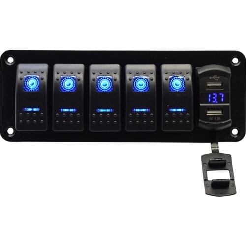 5 Gang Rocker Switch Panel - 5 Pin ON Off Toggle Switch with Blue LED Backlit Wiring Harness for Boat Car Marine ATV UTV