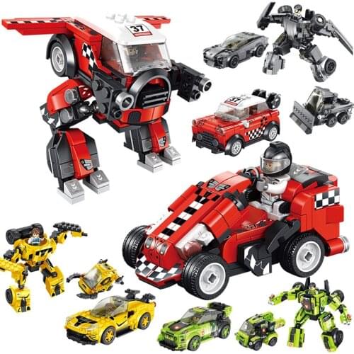 862Pcs City Science and Technic Educational Building Blocks DIY Toys For Kids 661003A-D 4 Type 3 Changes Racing Car Robot Models