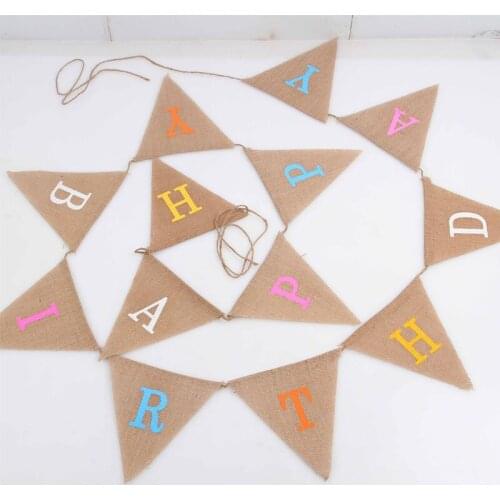 Happy Birthday Banner I Am One Baby Shower Hessian Pennant Triangle Burlap Banner Triangle Flags for Wedding Party Decoration