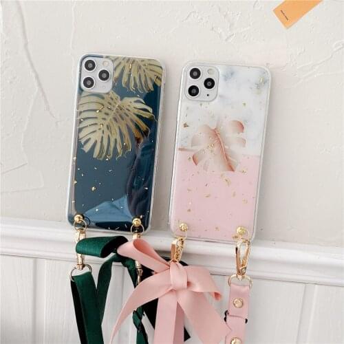 Cross Shoulder Strap Banana Leaves Phone Case For iPhone 11 12 Pro XS Max XR X 7 8 Plus SE 2020 Lace Necklace Lanyard Back Cover