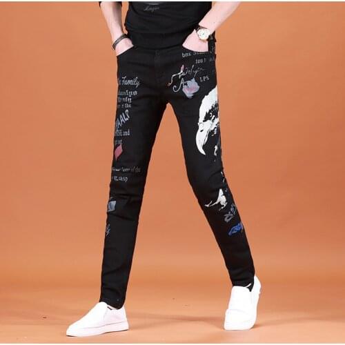 Eagle Printed Jeans 2020 Streetwear Men Stretch Straight Black Pants