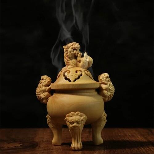 11cm Lion Incense Burner Boxwood Carving Incense Burner Solid Wood Carving Home Living Room Decoration Wooden Furnace