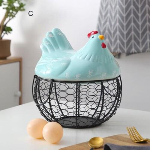 Metal Wire Basket with Ceramic Hens Cover Fruit Basket Egg Holder Decorative Kitchen Storage Baskets for Household Items VJ-Drop