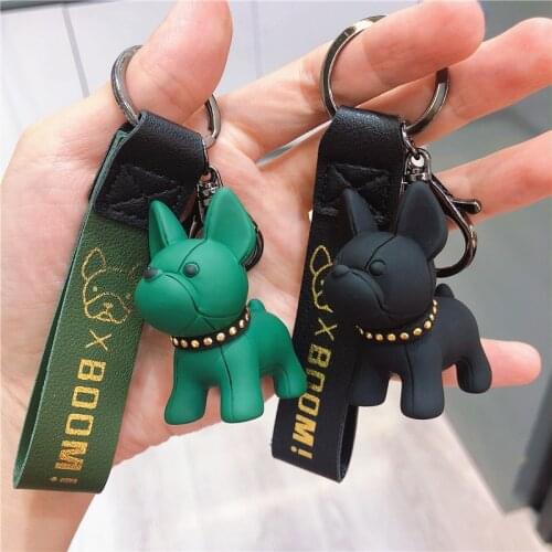 Fashion French Punk Bulldog Keychain PU Leather Dog Keychains For Women Bag Charm Trinket Men Car Key Ring Key Chain Jewelry