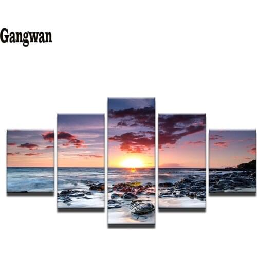 5 Panels Sunset Sea Landscape Pictures diamond painting full square round drill diamond embroidery mosaic For Living Room decor