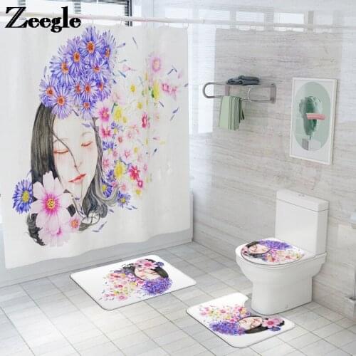 Printing Floral Beauty Girl Bath Mat and Shower Curtain Set Absorbent Toilet Carpet Set Non-slip Bathroom Floor Foot Mat