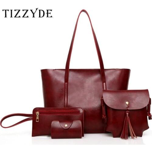 New Soft PU Leather Composite Bag 4pcs/set Women Large Capacity Handbag Fringed Shoulder Crossbody Bag with Wallet Card Bag FS08