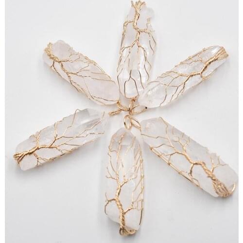 Natural White Crystal Pillar Pendants Handmade gold Copper Wire Wrapped Tree of Life Wholesale 6Pcs/Lot for Necklace Jewelry