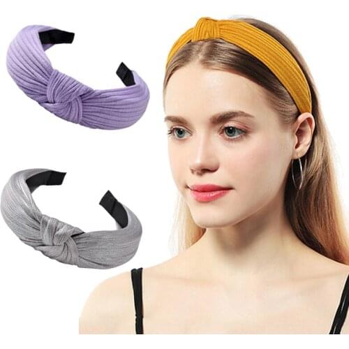 Simple Solid Color Wide Side Hairband Women Fashion Knot Knit Cloth Headband Vintage Glossy Leather Hair Accessories Headdress