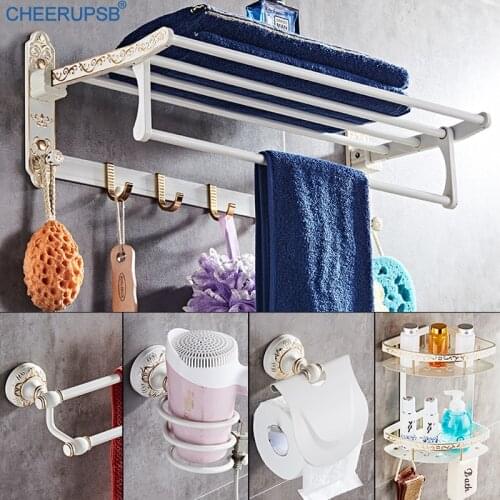 Bathroom Modern Luxury Accessories Wall Mount White Towel Shelf Folding Bath Towel Holder Hair Dryer Rack Roll Paper Box Kit Set