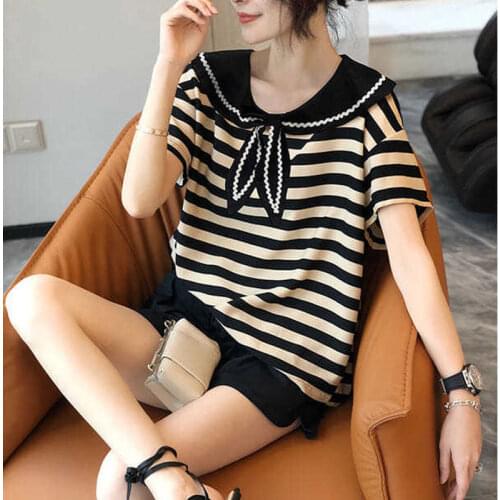 Navy Collar Striped T-shirt Women Short-sleeved Loose Korean Shirt Tops Women Summer New Chiffon Shirts Womens Tops Blouse
