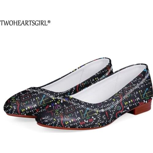 Woman Casual Slip-On Flat Shoes Teacher Math Formula Pattern PU Leather Single Shoes for Women Office Casual Boat Shoes Footwear