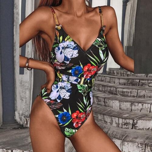 Women New Print Fashion Waist Belt Swimsuit Bikini One Piece Backless Deep V Metal Chain Shoulder Strap Bodysuit Beach Wear Suit