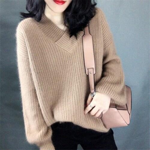 Autumn Fashion V Collar Long Sleeve Knitted Sweater Women Pullover Loose Jumper Ladies 4 Color Coarse Yarn Knitting Tops Female