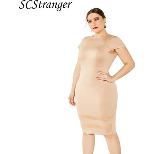 2021 Summer Slim Fashion Sexy Round Neck Plus Size Female Fat Woman Dress Solid Color Mesh Stitching Skirt Temperament Commuting