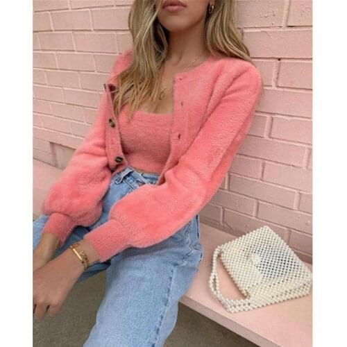 Winter Womens Fluffy Fur 2PCS Sets Sweater Outers Coats + Sweat Vest Kintted Jumper Long Sleeve Ladies Button Up Top Sets