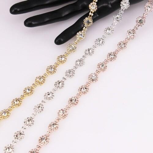 1 Yard Crystal Flower Belt Shiny Glass Crystal Chain Rhinestone Trim Silver Crystal Chain Decoration Wedding Dress Accessories