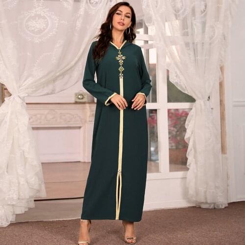 BA031 Hooded Long Dress For Woman Ramadan Abaya Dubai Evening Clothes Muslim Diamonds Robe For Tall Red Green Kaftan Dress