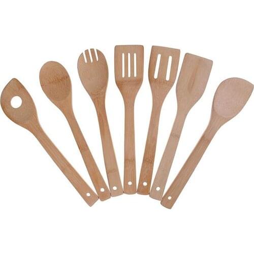 Bamboo Cooking Utensils Set, 7 Pack Kitchen Tools Wooden Spoons and Spatula 11.8 Inch, Best for Non Sticky Pans and Cookware