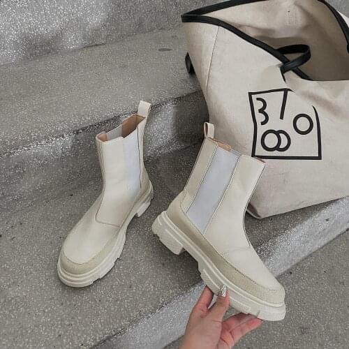 Black/white platform winter boots women round toe elastic band slip on booties female leather patchwork mid-calf botas mujer