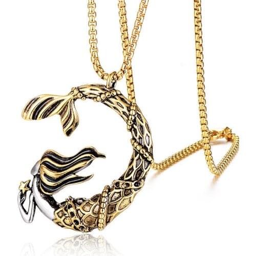 Wukaka Stainless Steel Mermaid Necklace Chain Punk Boy Pendants Necklaces for Gifts Hip Hop Man Jewelry