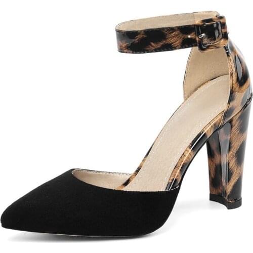 COOLULU High Heels Women Pumps Mixed Colors Thick High Heel Ankle Strap Shoes Buckle Pointed Toe Party Shoes Lady Big Size 34-43