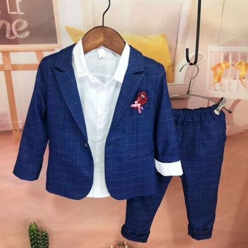 Good Quality Kids Grid Blazer New Fashion Children Suit Flower Boys Plaid Blazer Pants Prom Party Tuxedo Birthday Dres