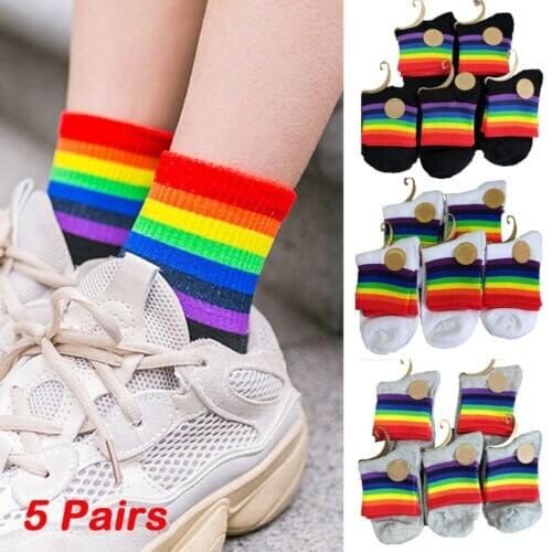 5Pairs Girls Cotton Rainbow Striped Socks 2019 New Fashion Women Xmas Fashion Warm Chrismas Socks Spring Summer Autumn Winter