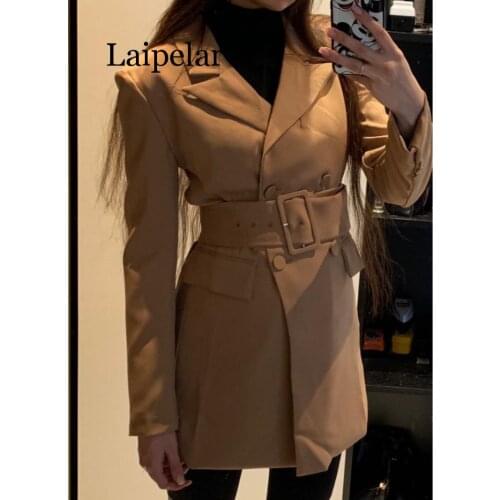 Laipelar Fashion 2019 Women Khaki Casual Spring Autumn Jacket Female Elegant Adjustable Waist With Belt Long Sleeve