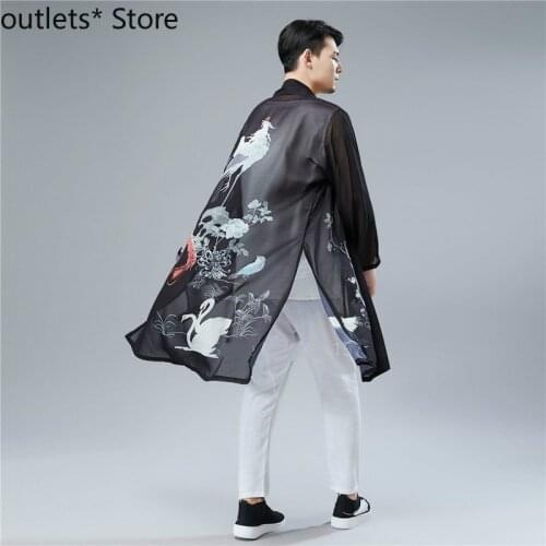 Summer Japanese Asian Fashion Kimono Robe Black Women Mens Fancy Crane Print Thin Chiffon Fairy Chinese Retro Long Cardigan