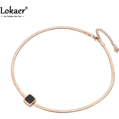 Lokaer New Arrival Sample Jewelry Stainless Steel Snake chain Thin Necklace Rose Gold Color With Square Black Bbsidian N18067