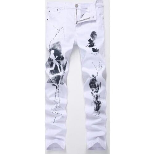 Fashion Men Unique Lighting And Running Man Printing Cotton Jeans pants size 28-42